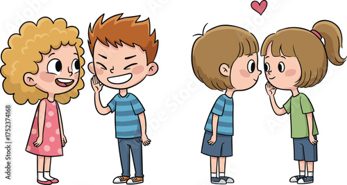 Cartoon children whispering secrets, playful kids interaction, childhood friendship illustration, cute couple blushing, love and affection artwork, emotional expression, heart symbol scene