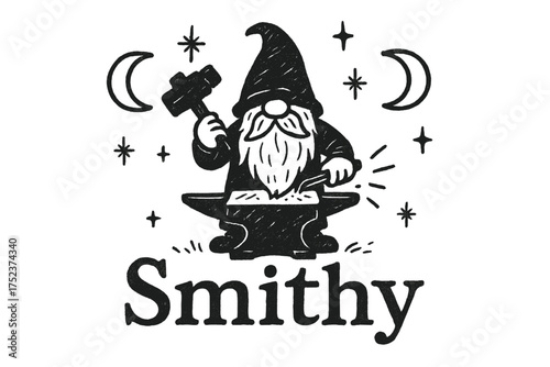 Gnome Smithy Scene. Hand-drawn gnome smithy with moons, hammers, and sparkles, center word “Smithy” in black and white isolated