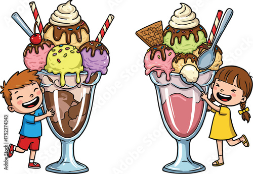 Children hugging giant ice cream sundaes, colorful dessert illustration, happy kids with oversized sweets, whimsical food art, playful summer fantasy