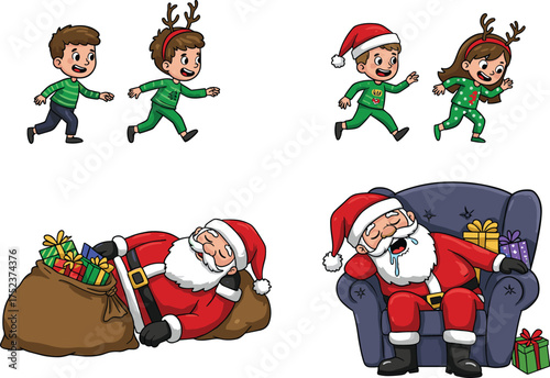 Christmas children illustration, festive running kids, Santa outfit, reindeer costume, holiday celebration, joyful energy, winter fun, cheerful scene, gift delivery, playtime