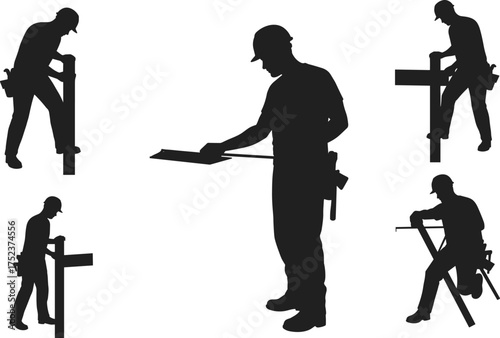 Construction worker silhouette, carpentry tools, black and white illustration, sawing wood, hammering beam, blueprint inspection, safety gear, building site, labor, structure