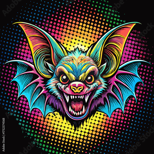 Fierce bat illustration with vibrant colors and sharp features on a colorful background