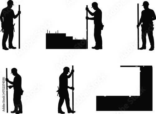 Construction worker silhouette, measuring rod illustration, black and white drawing, industrial survey, safety gear, building site, foundation layout, engineering, tools, accuracy