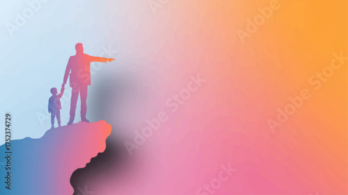 Silhouette of man helping boy climb a hill on pastel sky gradient, inspiring mentorship and leadership concept for International Men’s Day.