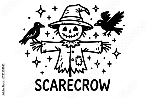 Magical Scarecrow Doodle. Doodle magical scarecrow with stars, crows, and sparkles, center word “Scarecrow” in black and white