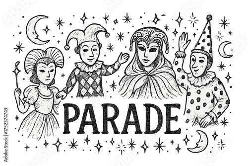 Moonlit Mask Parade. Hand-drawn mask parade with moons, costumes, and sparkles, center word “Parade” in black and white isolated