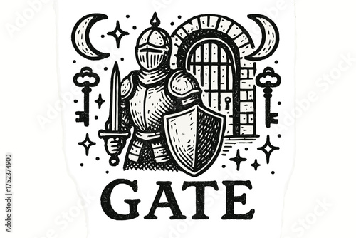Guarding the Cosmic Gate. Hand-drawn knight guarding gate with moons, keys, and sparkles, center word “Gate” in black and white