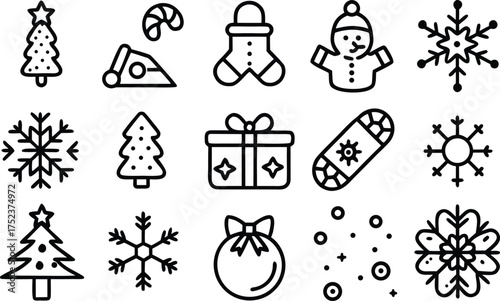 Collection of simple hand drawn outline christmas icons including trees snowflakes gifts and a snowman