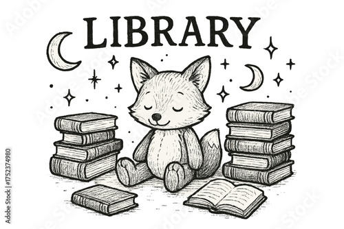 Fox Library Magic. Hand-drawn stuffed fox library with moons, books, and sparkles, center word “Library” in black and white