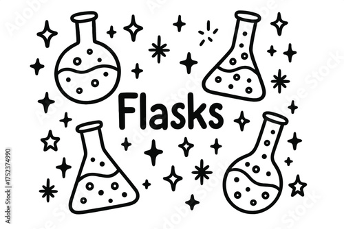 Magical Alchemy Flasks. Doodle alchemy flasks with stars, liquids, and sparkles, center word “Flasks” in black and white isolated