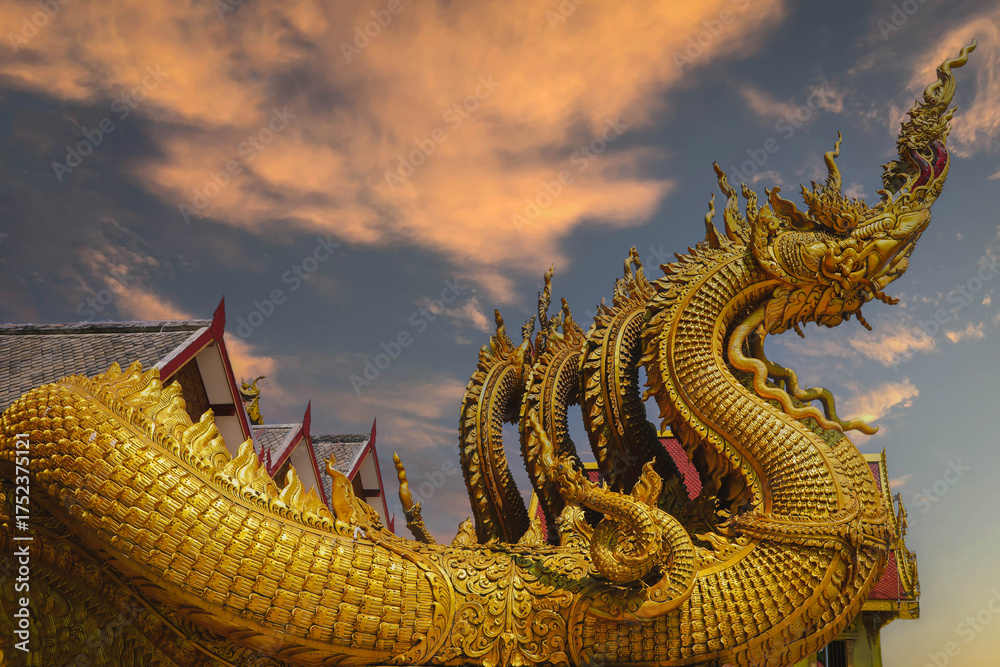 Fototapeta premium Golden king of naga thai temple Lanna style In Thailand