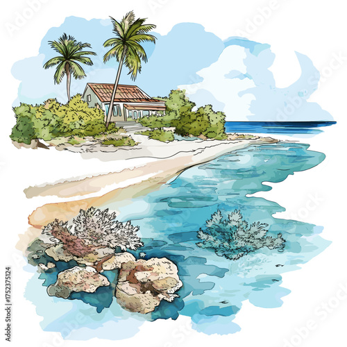 Bonaire Marine Park. Bonaire Marine Park hand drawn watercolor illustration