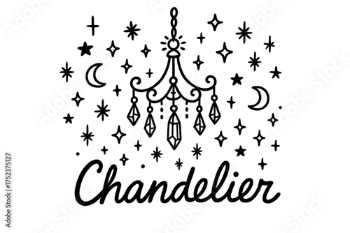 Crystal Ice Chandelier. Doodle crystal ice chandelier with stars, sparkles, and moons, center word “Chandelier” in black and white