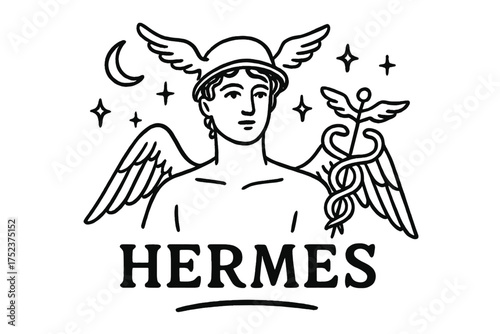 Hermes with Moons. Hand-drawn hermes with moons, wings, and sparkles, center word “Hermes” in black and white isolated transparent