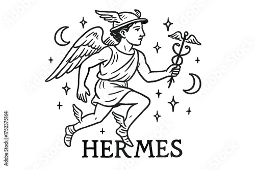 Hermes with Moons. Hand-drawn hermes with moons, wings, and sparkles, center word “Hermes” in black and white isolated transparent