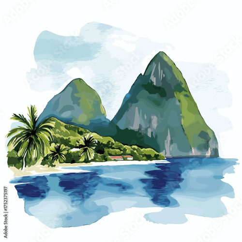 Castries and the Pitons. Castries and the Pitons hand drawn watercolor illustration