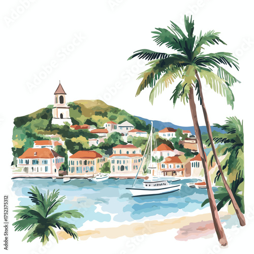 Gustavia. Gustavia hand drawn watercolor illustration