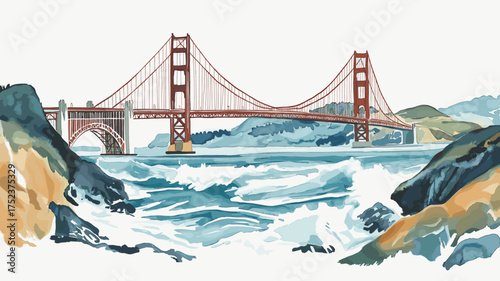 Golden Gate Bridge. Golden Gate Bridge hand drawn watercolor illustration