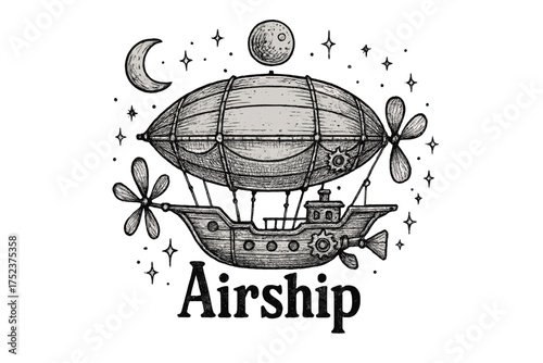Steampunk Airship Illustration. Hand-drawn steampunk airship with moons, propellers, and sparkles, center word “Airship” in black