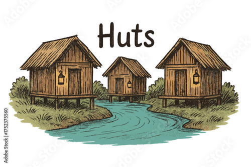 Riverside Huts Glow. Hand-drawn riverside huts with brown wood, turquoise water, glowing lanterns, center word “Huts”, isolated