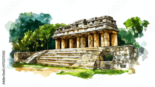 Palenque Ruins. Palenque Ruins hand drawn watercolor illustration