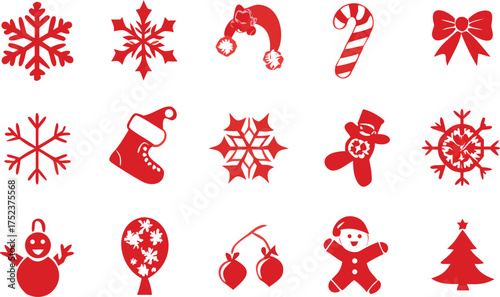 Collection of festive red christmas ornaments and decorations including snowflakes stockings and gingerbread men