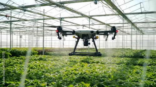 Drone monitoring crops in greenhouse, using sensors for analysis and cultivation research