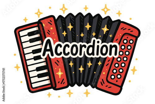 Sparkling Accordion Doodle. Colorful doodle accordion in red and black with glowing sparkles, center word “Accordion”, isolated