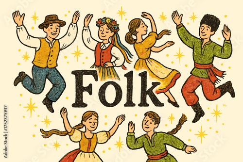 Folk Dance Celebration. Hand-drawn folk dance group in bright traditional costumes, glowing sparkles, center word “Folk”, isolated