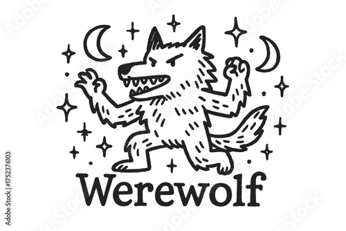 Doodle Werewolf Design. Doodle werewolf with stars, moons, and sparkles, center word “Werewolf” in black and white isolated