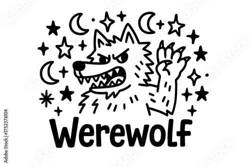 Doodle Werewolf Design. Doodle werewolf with stars, moons, and sparkles, center word “Werewolf” in black and white isolated