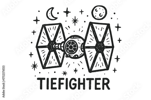 Tie Fighter Art. Hand-drawn tie fighter with moons, sparks, and sparkles, center word “TIEFighter” in black and white isolated