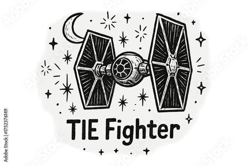 Tie Fighter Art. Hand-drawn tie fighter with moons, sparks, and sparkles, center word “TIEFighter” in black and white isolated