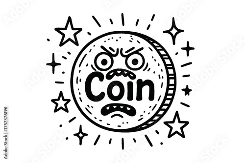 Magical Cursed Coin. Doodle cursed coin with stars, sparks, and sparkles, center word “Coin” in black and white isolated
