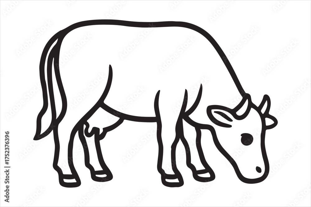 Fototapeta premium Simple line drawing of a grazing cow silhouette a white background