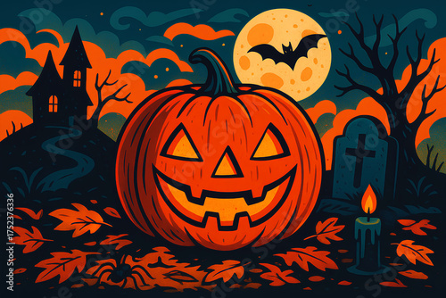A Halloween illustration featuring a glowing jack-o'-lantern, full moon, bat, and haunted cemetery for festive fall design and seasonal marketing