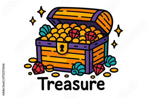 Doodle Treasure Chest. Colorful doodle treasure chest with golden coins, ruby gems, turquoise shells, sparkles, center word
