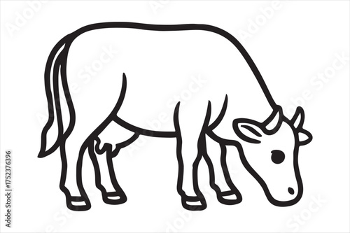 Simple line drawing of a grazing cow silhouette a white background