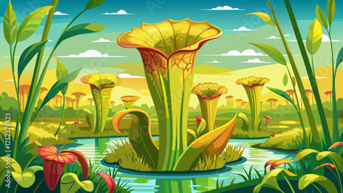 Very beautiful yellow pitcher plant Sarracenia flava standing tall in Florida wetland habitat, surrounded by green grasses and reflected light.
