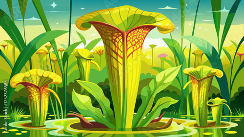 Very beautiful yellow pitcher plant Sarracenia flava standing tall in Florida wetland habitat, surrounded by green grasses and reflected light.
