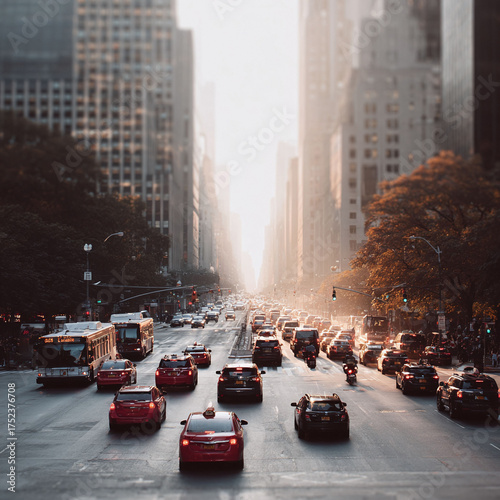 Urban cityscape featuring heavy traffic on a wide avenue lined with skyscrapers.