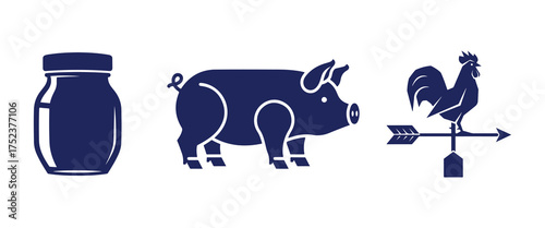 Dark Blue Silhouettes of a Jar, Pig, and Weather Vane on White Keywords: jar, preserve, canning, food, pig, farm animal, livestock