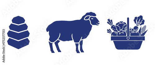 Dark Blue Silhouettes of a Stack, Sheep, and Vegetable Basket on White Keywords: stack, pyramid, geometric, sheep, farm animal