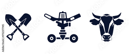 Dark Blue Silhouettes of Crossed Shovels, Sprinkler, and Cow Head on White Keywords: shovels, crossed, sprinkler, cow, head