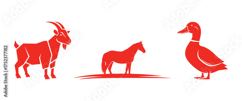 Farm Animal Silhouettes Goat Horse and Duck on White Background Keywords: goat, ram, horns, beard, horse, mare, stallion, duck