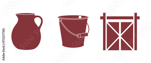 Farm and Dairy Icons Pitcher Bucket and Barn Door Silhouette on White Keywords: pitcher, jug, bucket, pail, handle, barn door