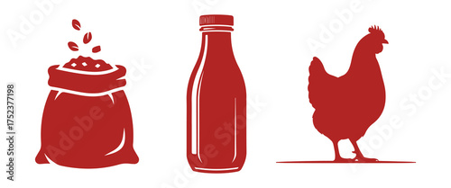 Farm Icons Bag of Grain Milk Bottle and Chicken Silhouette on White Keywords: bag, sack, grain, seeds, pouring, bottle, milk