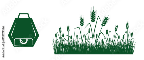 Green Farm Icons Backpack and Wheat Field on White Background Keywords: agriculture, farm, farming, backpack, bag, luggage, wheat