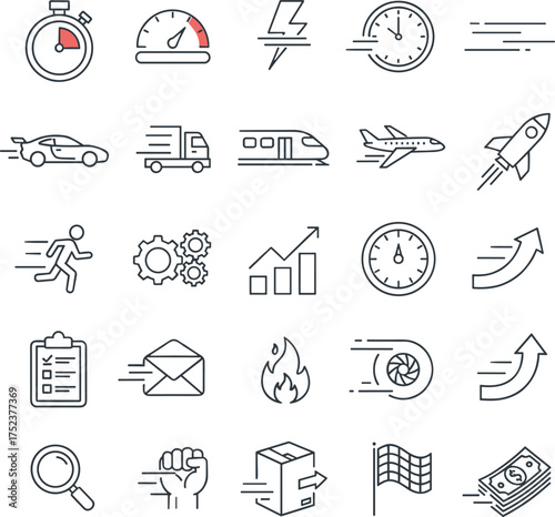 Speed and Time, Fast Transport Vector Icons Set, Stopwatch, Speedometer, Lightning Bolt, Clock, Motion Blur, Sports Car, Delivery Truck, Train, Airplane, and Rocket, Quickness Symbols Collection.