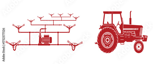 Red Silhouette of a Tractor and an Irrigation System with Sprinklers on a White Background